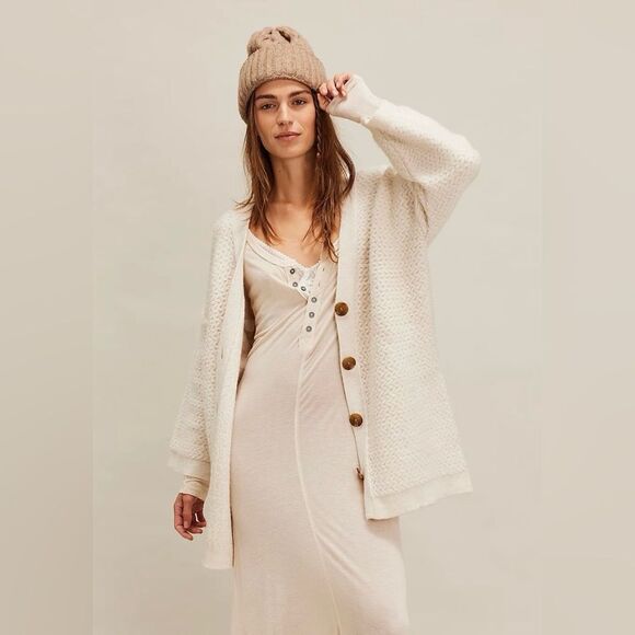 free people M Ivory Herringbone Stitch Pattern Kimono Cardigan Sweater - Picture 4 of 16